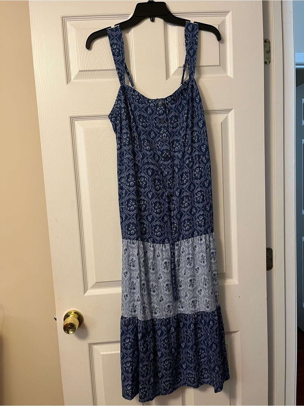 Lucky Brand blue multi button front belted tiered quaint dress size Large